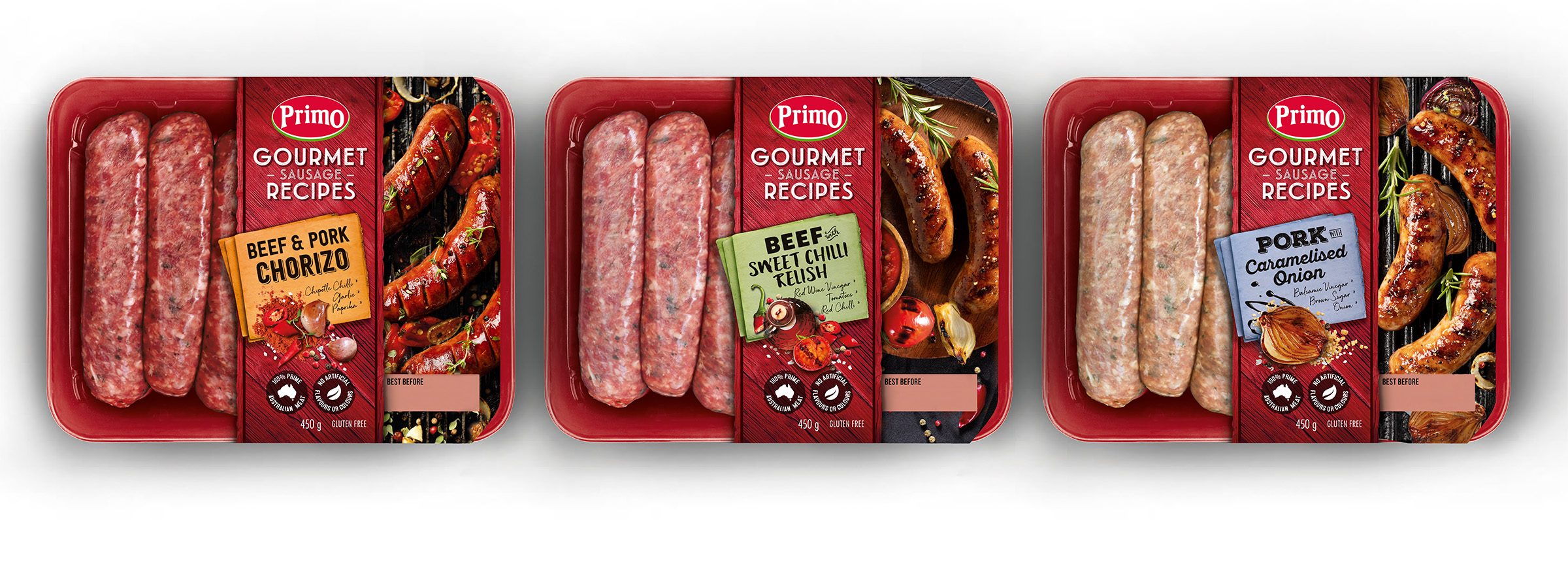 Advertising studio photography of 3 packets of Primo gourmet sausages